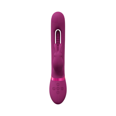 Pink rechargeable triple motor vibrating rabbit with ergonomic design and control buttons on handle.