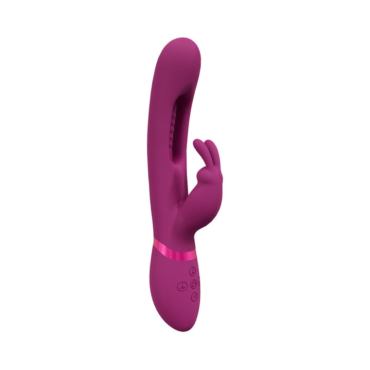 Pink rechargeable triple motor rabbit vibrator with curved shaft and clitoral stimulator.