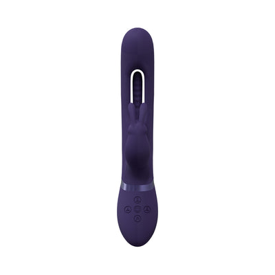 Purple rechargeable triple motor vibrating rabbit with ergonomic design and control buttons on handle.