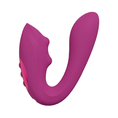 Purple silicone triple motor G-spot vibrator with finger motion and flickering tongue stimulator design.