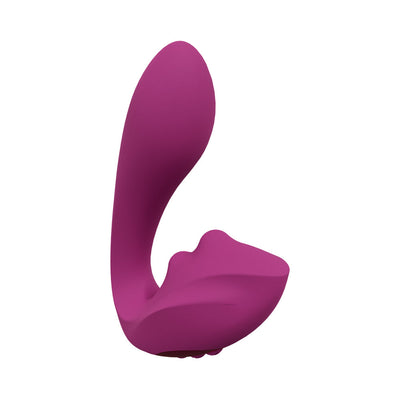 Purple rechargeable triple motor G-spot vibrator with curved design and flickering tongue stimulator.