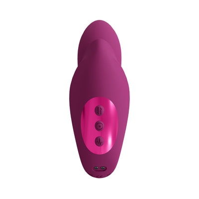 Purple Vive Yumi triple motor G-spot vibrator with three control buttons and USB charging port on a white background.