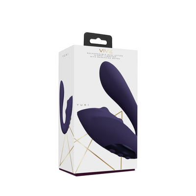 Packaging box of Vive Yuki rechargeable dual-action G-spot vibrator with massaging beads in dark purple color.