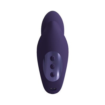 Purple rechargeable triple motor vibrator with control buttons and smooth silicone finish