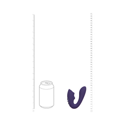 Purple curved dual-motor vibrator with textured stimulator, shown next to a soda can for size comparison.