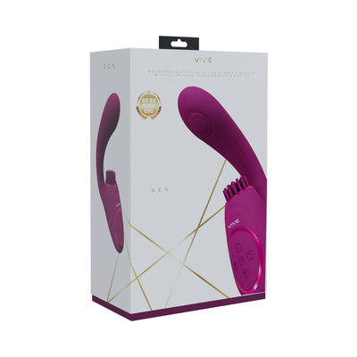 Packaging box of Vive Gen rechargeable triple motor G-spot vibrator in pink with pulse wave and vibrating bristles shown on front and side.
