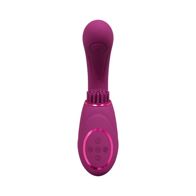 Pink rechargeable triple motor G-spot vibrator with pulse wave and vibrating bristles, featuring control buttons on the handle.