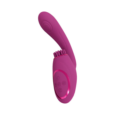 Pink rechargeable triple motor G-spot vibrator with pulse wave and vibrating bristles, featuring control buttons and ergonomic design.