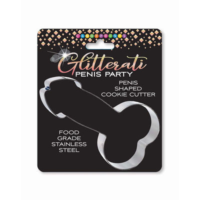 Stainless steel Glitterati penis-shaped cookie cutter on black packaging with gold confetti design.