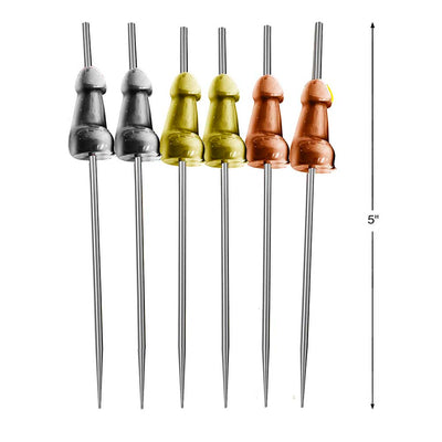 Set of six metallic appetizer picks with playful decorative tops in silver, gold, and rose gold finishes, each measuring 7 inches.