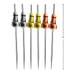 Set of six metallic appetizer picks with playful decorative tops in silver, gold, and rose gold finishes, each measuring 7 inches.