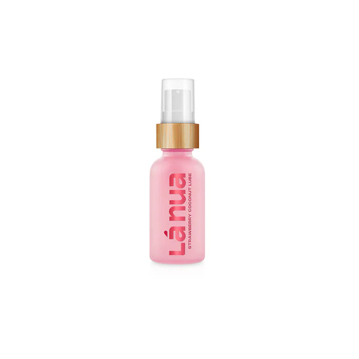 Pink spray bottle of La Nua strawberry coconut water-based lubricant with bamboo-style pump top on white background