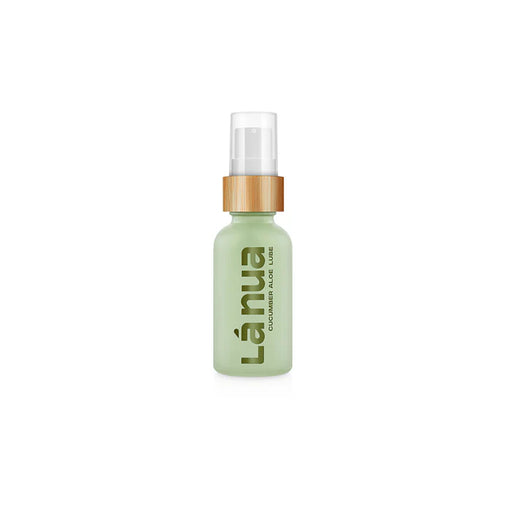 La Nua Cucumber Aloe water-based lubricant in a green glass spray bottle with bamboo cap.