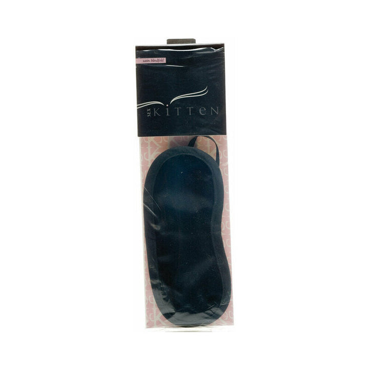 Black satin eye mask in clear packaging with a soft elastic band for a comfortable fit.
