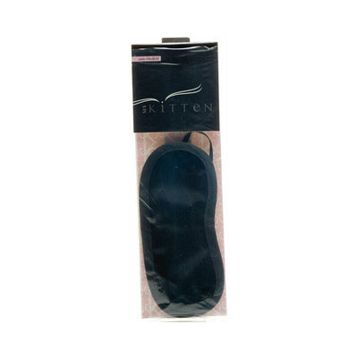 Black satin eye mask in clear packaging with a soft elastic band for a comfortable fit.