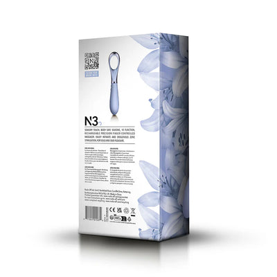 Packaging box of Niya 3 Precision Point Massager in cornflower blue with floral design and product details.