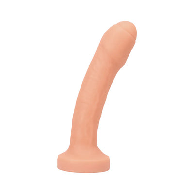 Cream-colored realistic small dildo with detailed texture and a flat base, standing upright on a white background.