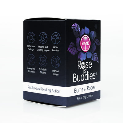 Skins Rose Buddies Bums n Roses black packaging highlighting features like 10 settings, water resistance, and USB charging.