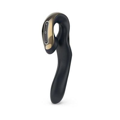 Sleek black and gold three-way precision vibrator with ergonomic curved design and control buttons on handle.