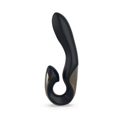 Sleek black and gold three-way precision rabbit vibrator with curved design and ergonomic handle.