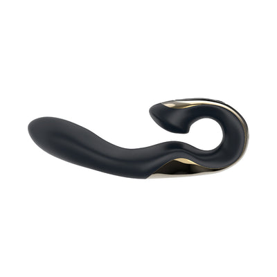 Black and gold ergonomic three-way precision rabbit vibrator with curved design and smooth silicone finish.