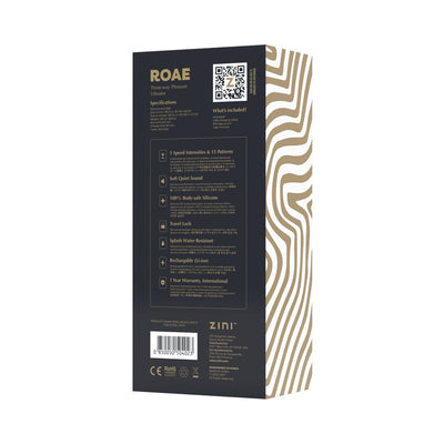Packaging box of Zini Roae SE Black/Gold three-way pleasure vibrator with product features and specifications.