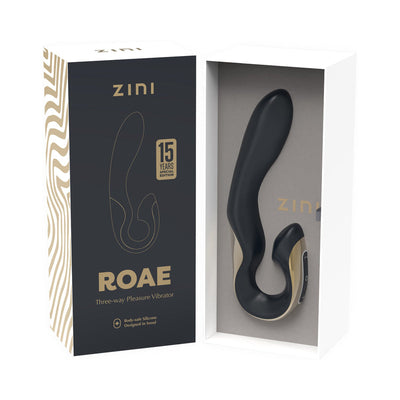 Zini Roae SE Black/Gold three-way pleasure vibrator displayed in elegant black and gold packaging.