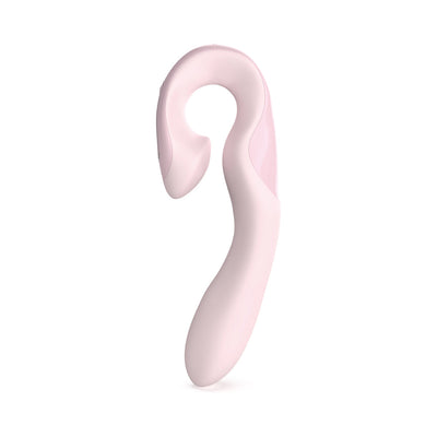 Sleek pink three-way precision vibrator with curved design and smooth silicone finish for targeted stimulation.