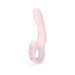 Pink ergonomic three-way precision rabbit vibrator with control buttons and curved design.