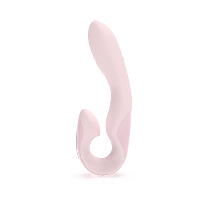 Sleek pink three-way precision vibrator with curved design and soft silicone finish for targeted stimulation.