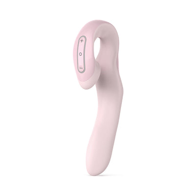 Sleek pink three-way precision vibrator with curved design and control buttons for customizable stimulation.
