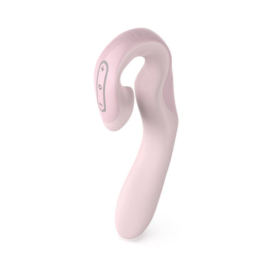 Sleek pink three-way precision vibrator with curved design and control buttons for customizable stimulation.