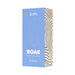 Packaging box of Zini Roae three-way pleasure vibrator in blue with abstract beige pattern on the side.