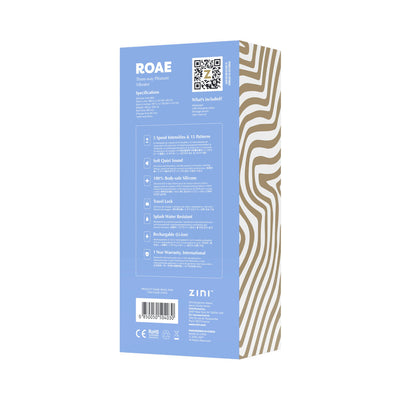 Packaging box of Zini Roae Pink three-way pleasure vibrator with product features and specifications on a blue and beige design.