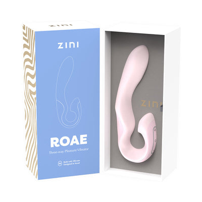 Zini Roae Pink three-way pleasure vibrator in sleek packaging with body-safe silicone design.