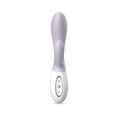Purple dual-stimulation rabbit vibrator with white base and control buttons for adjustable intensity and patterns.