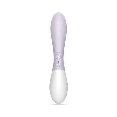 Sleek dual-stimulation vibrator in soft purple and white with smooth ergonomic design and discreet controls.