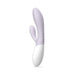 Purple and white dual-stimulation rabbit vibrator with smooth curved design and ergonomic handle.