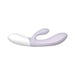 Purple and white dual-stimulation rabbit vibrator with smooth curved design and ergonomic handle.