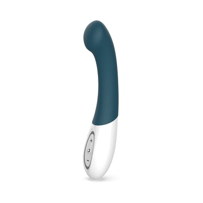Blue and white curved G-spot vibrator with control buttons on the handle and a smooth silicone finish