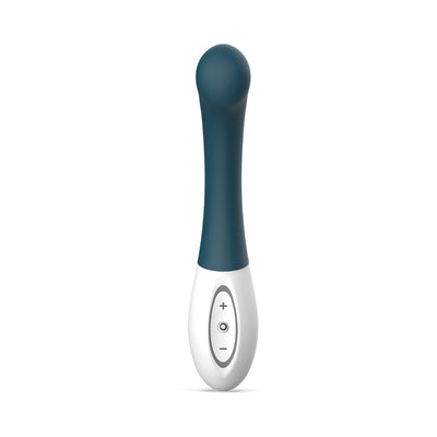 Blue dual precision G-spot vibrator with curved silicone body and white handle featuring control buttons.
