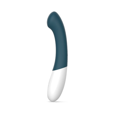 Sleek blue and white curved G-spot vibrator with smooth silicone texture and ergonomic design for targeted stimulation.