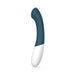 Sleek blue and white curved G-spot vibrator with smooth silicone texture and ergonomic design for targeted stimulation.