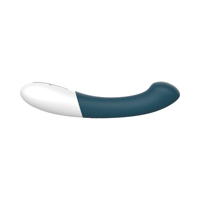 Curved dual-tone blue and white silicone G-spot vibrator with ergonomic design and smooth finish.