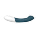 Curved dual-tone blue and white silicone G-spot vibrator with ergonomic design and smooth finish.