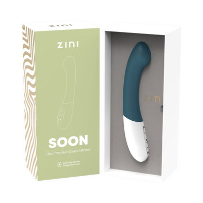 Zini Soon Legion Blue dual precision G-spot vibrator with curved design in white and blue, displayed in open packaging box.