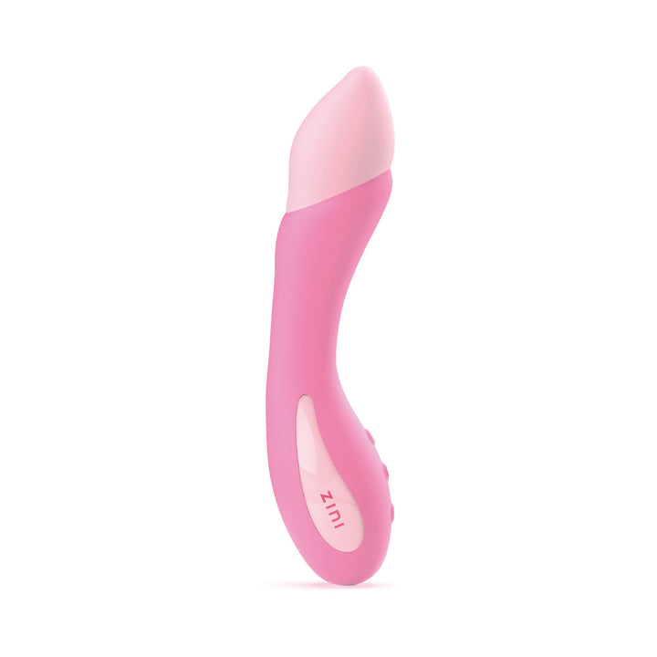 Pink dual-stimulation G-spot vibrator with curved design and soft silicone head by Zini Bloom Cherry Blossom.