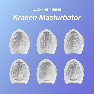 Six white Lovense Kraken Egg interior texture options displayed on a blue gradient background with product branding.