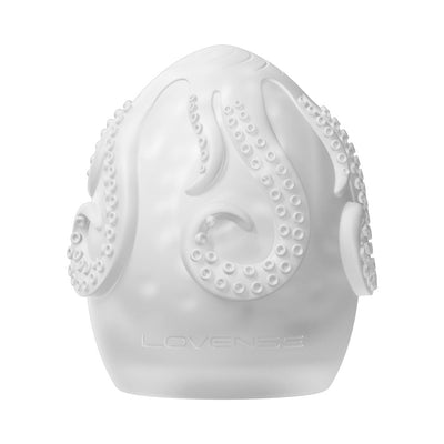 White Lovense Kraken Egg male stroker with raised tentacle texture and embossed logo on smooth surface.
