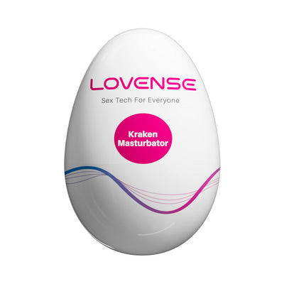 White Lovense Kraken Masturbator Egg with pink and purple wave design and branded text on the surface.